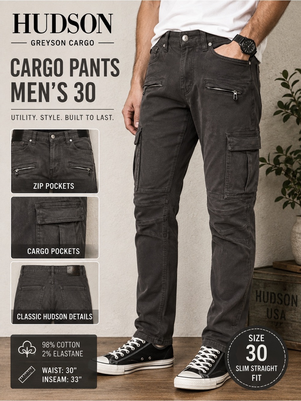 Hudson Greyson Cargo Pants Men’s 30 Charcoal Gray Utility Moto Zip Pockets